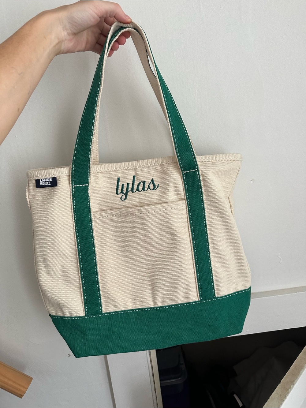 Lands' End Medium Cream and Green Canvas Tote Bag